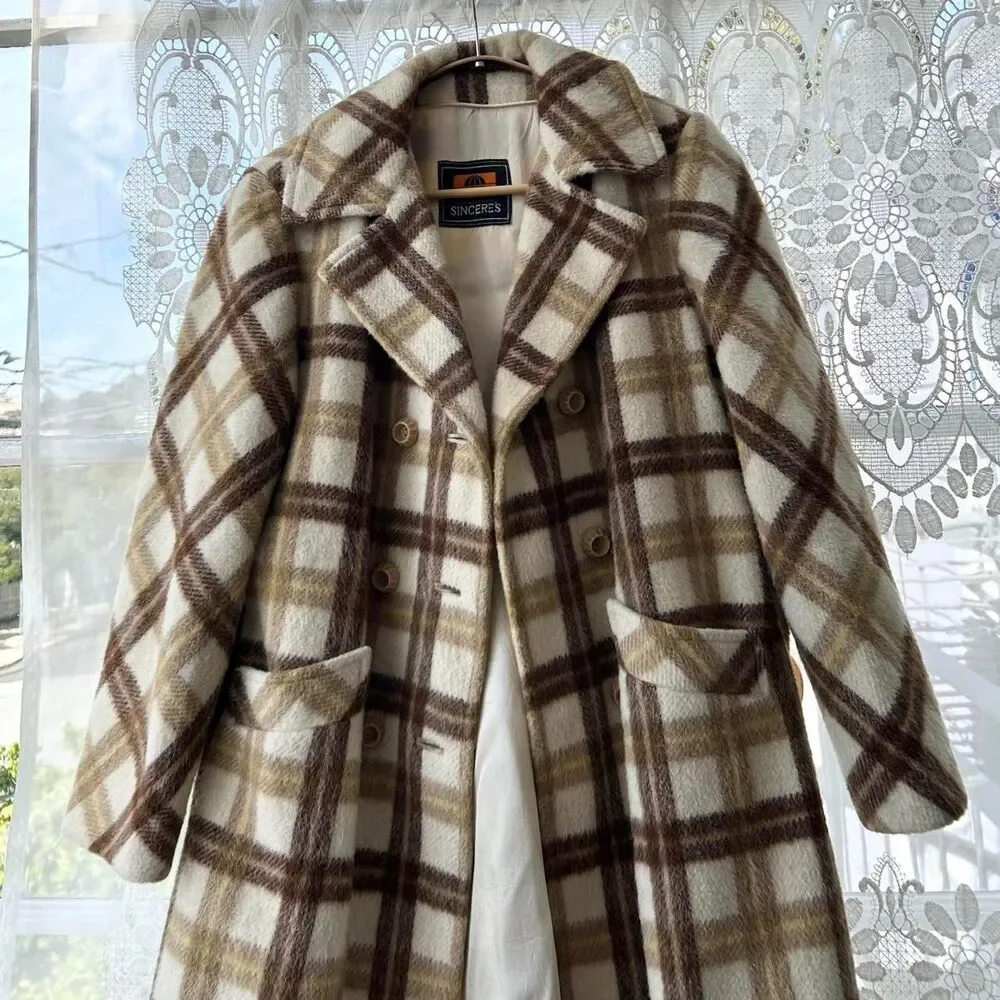 70s Vintage Wool Plaid Belted Winter Coat Small Womens Cream / Tan / Brown - Picture 1 of 8